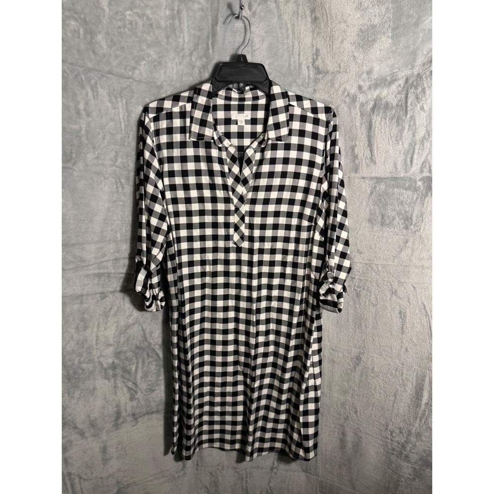 J Jill Black White Gingham Plaid Shirt Dress Roll Tab Sleeve Petite M pockets